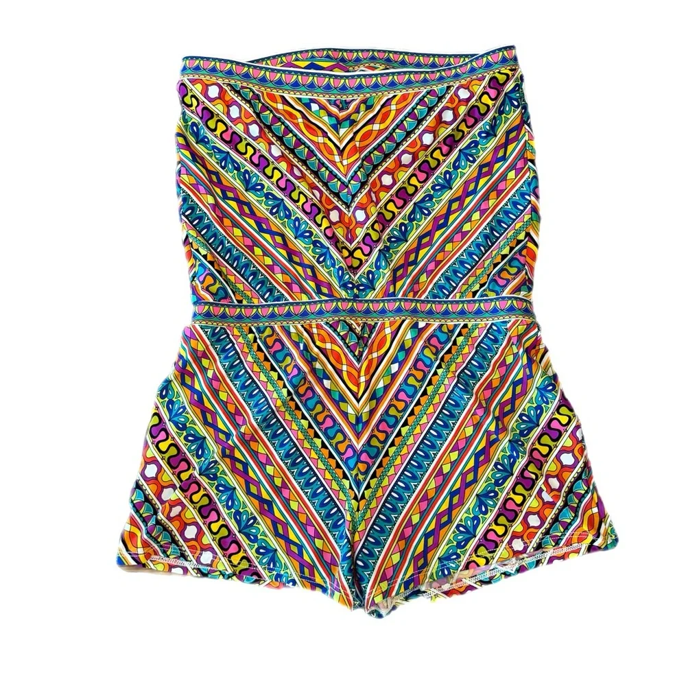 Trina Turk Peruvian Stripe Swimsuit Romper Cover Up Multicolor Halter Top Size M - Picture 4 of 14
